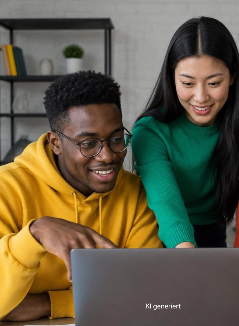 2 personen vor laptop beim prompten